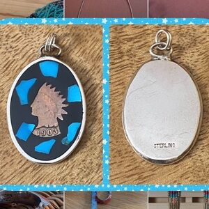 Sterling Silver 1903 Indian Head Penny Pendant Turquoise & Onyx Mosaic